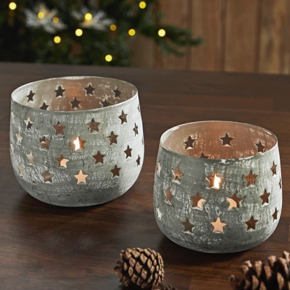 Rustic Farmhouse Votive Metal Candle Holder Set Stars Galvanized Look Christmas